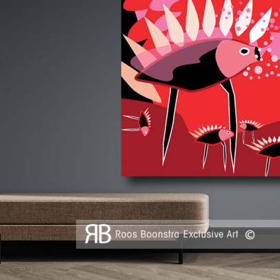 Thumbnail Abstract fineart schilderij met mythisch dier, felle rode en roze kleuren, bellen en dynamische compositie.